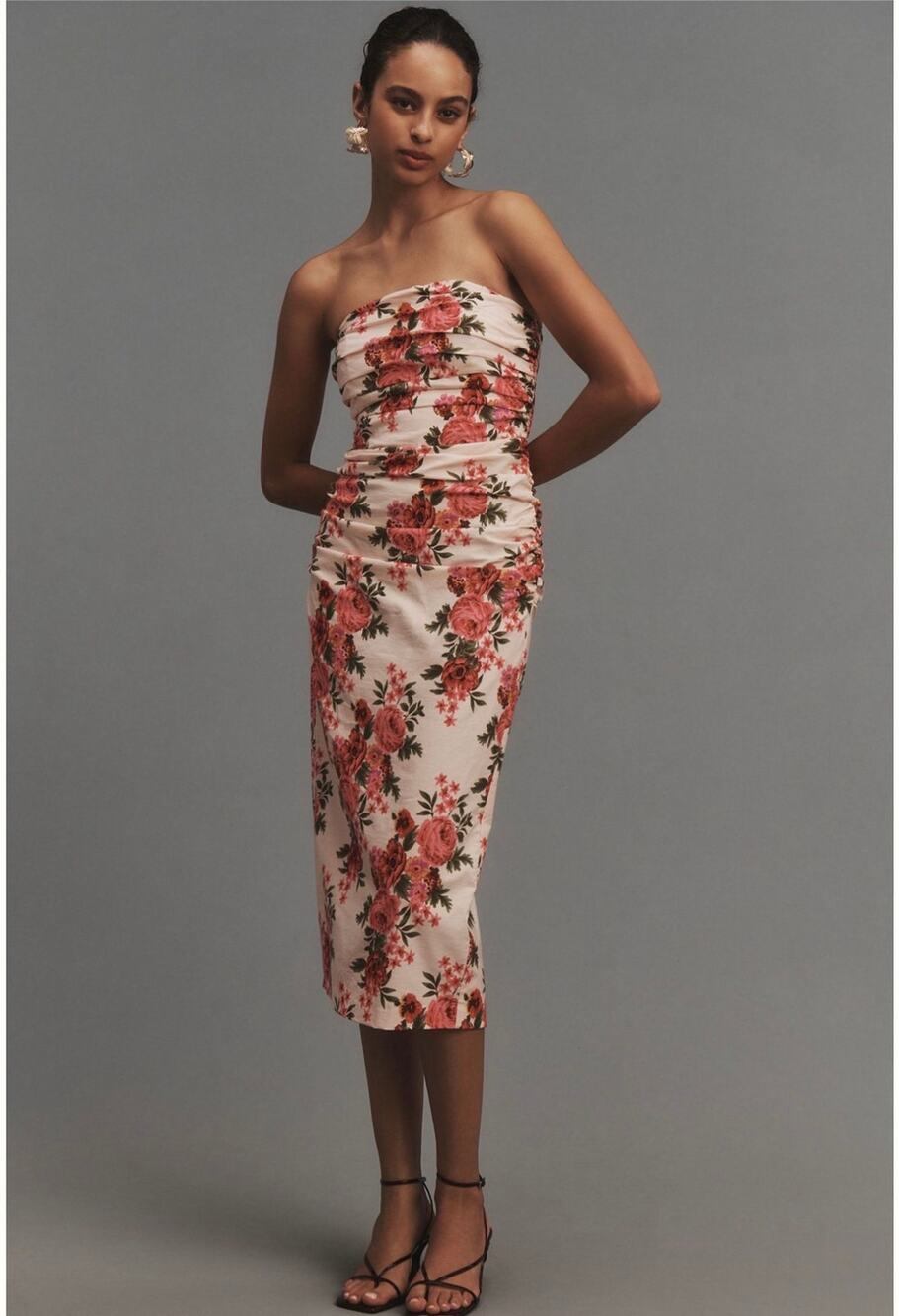 Anthropologie Soleil Strapless Ruched Midi Dress in Romantic Floral, Small